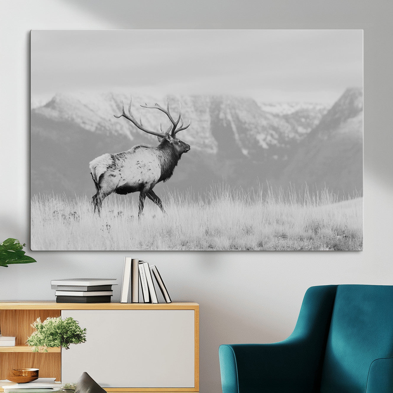 36150391-MGV-CV-36X24 - Wall Art Canvas Print – Majestic Elk Black & White Wilderness, Scenic Mountain and Grassland Landscape, Wildlife Nature Decor for Home or Office