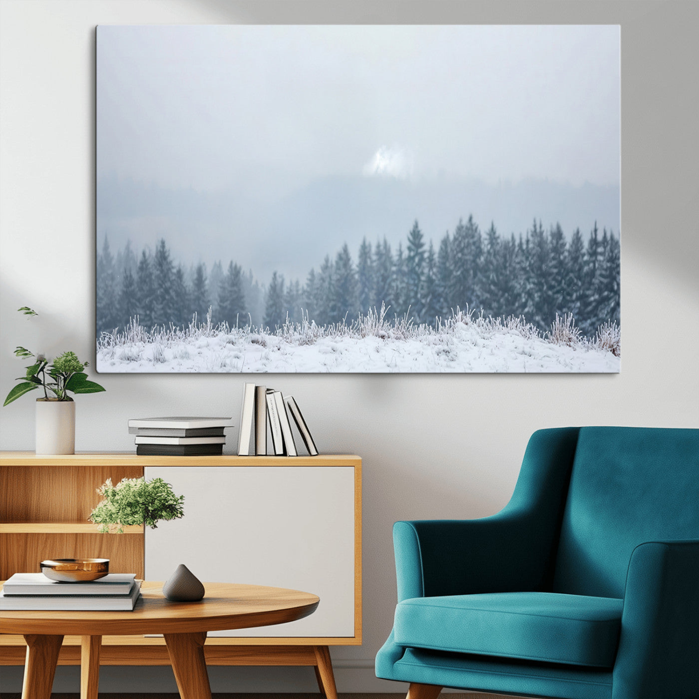 Snow-covered forest under misty sky, soft light breaking through clouds, ideal for minimalist or Nordic-inspired home decor.