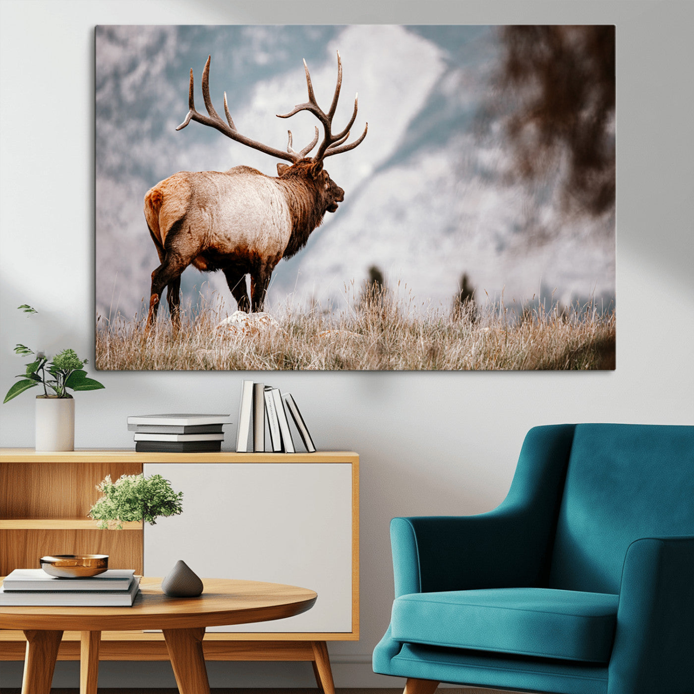 Majestic elk with large antlers standing in grass with snowy mountains in background, perfect for rustic cabin or lodge style decor.