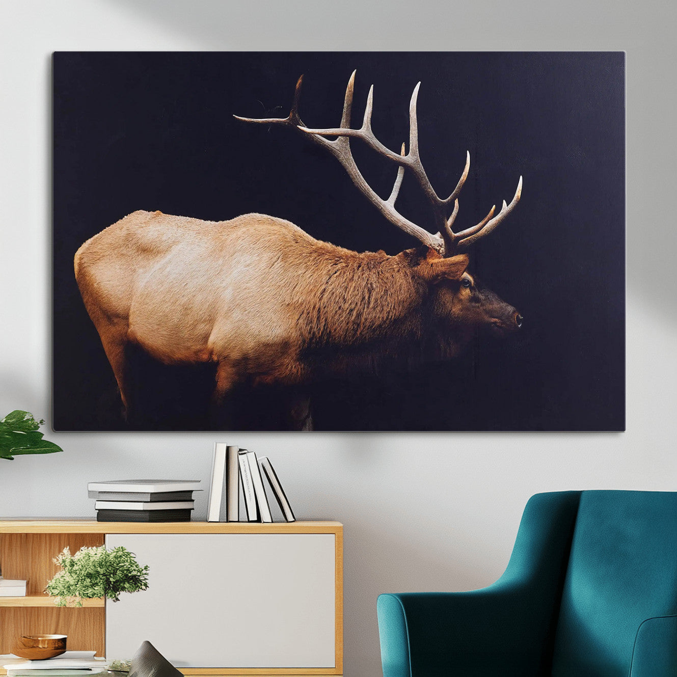 89239257-MGV-CV-36X24 - Rustic Elk Wall Art Canvas Print – Framed Moody Wildlife Art Picture Western Animal Artwork for Home, Office