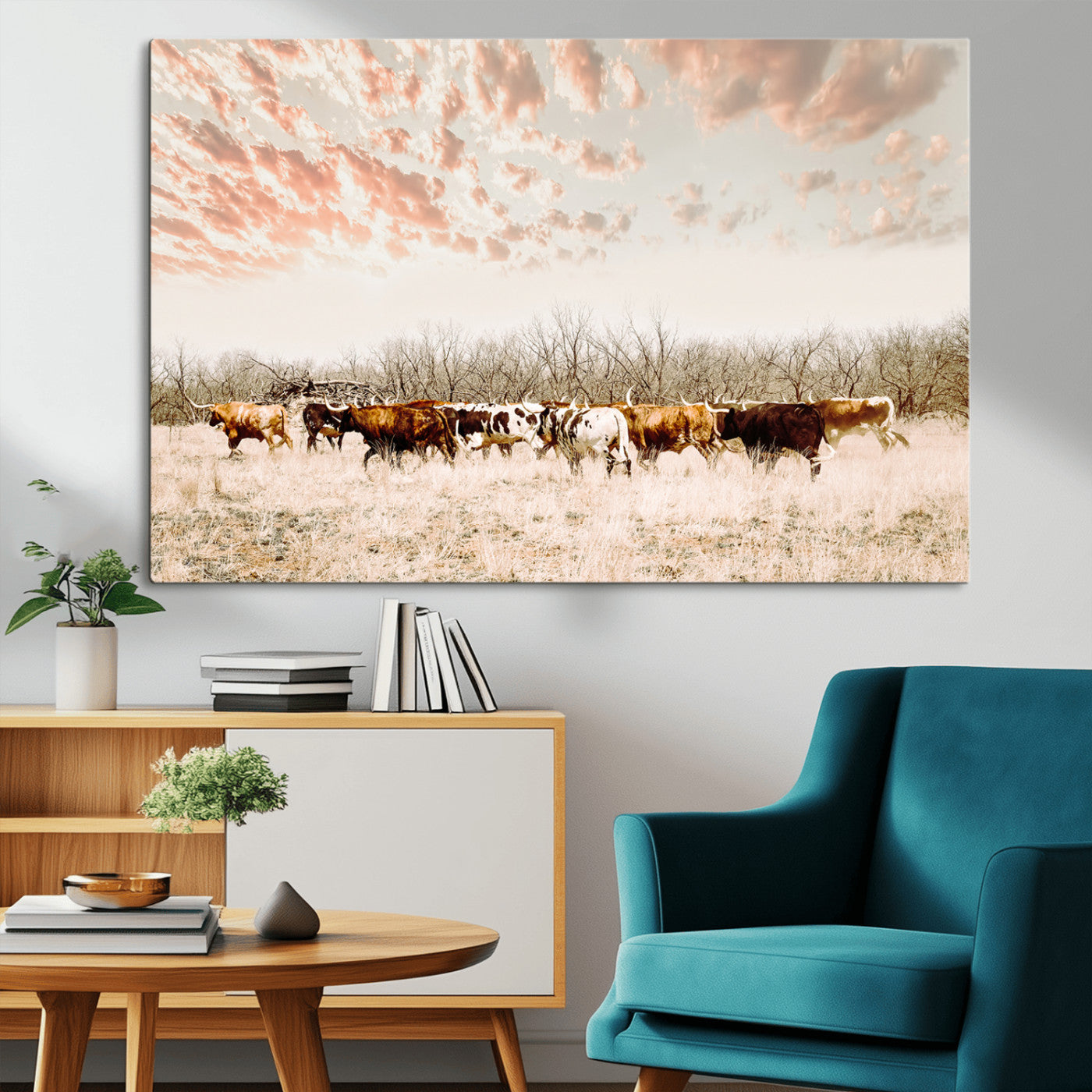 Cattle herd in a soft-toned field under a pastel pink sky, creating a peaceful rustic feel, perfect for farmhouse or western-themed spaces.