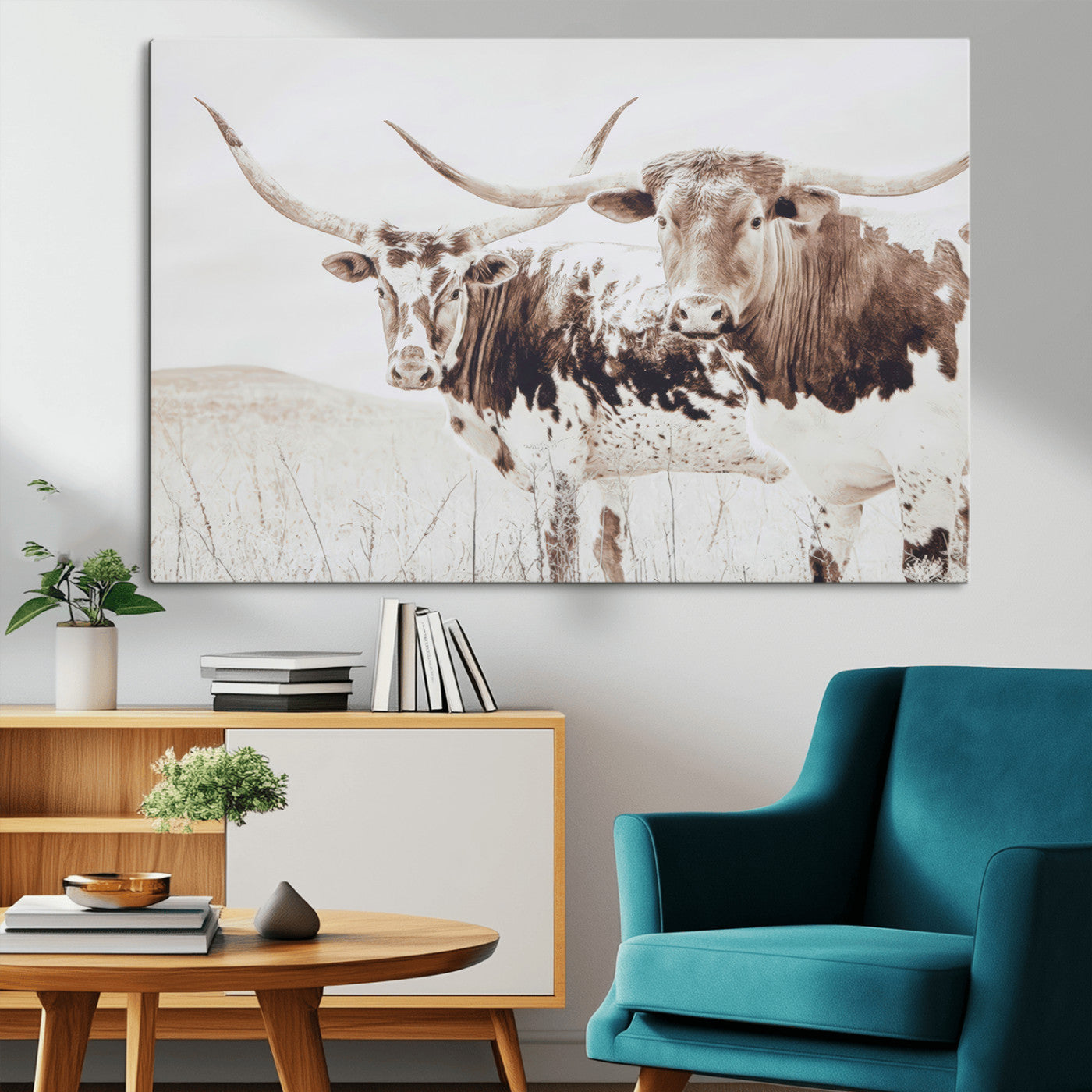 Two longhorn cows standing in a sepia-toned pasture with soft light, ideal for rustic or farmhouse-themed neutral wall decor.