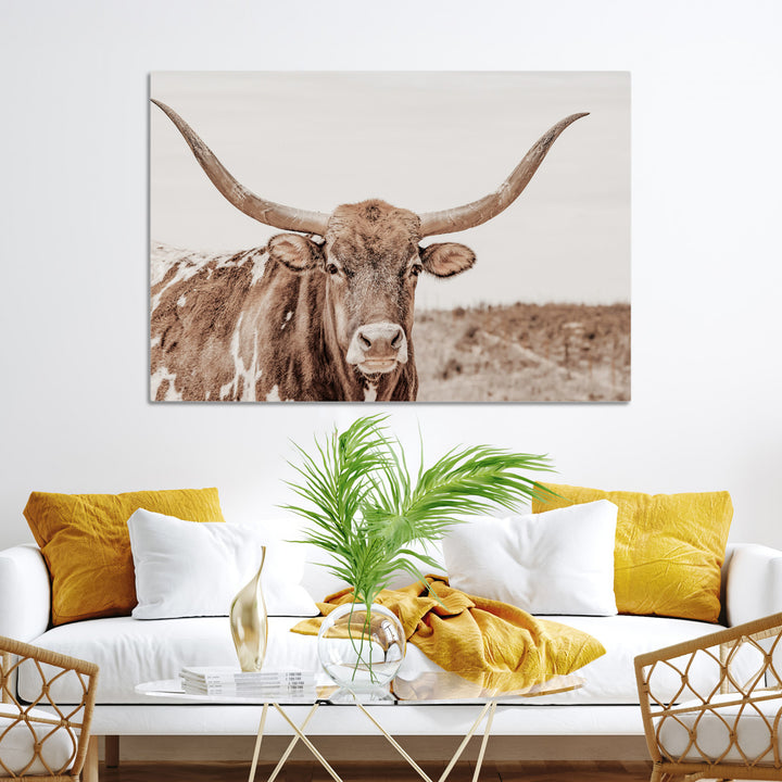 Longhorn Bull Wall Art Canvas Print, Framed Rustic Cow Art Picture Print, Neutral Farmhouse Perfect Rustic Neutral Farmhouse Decor