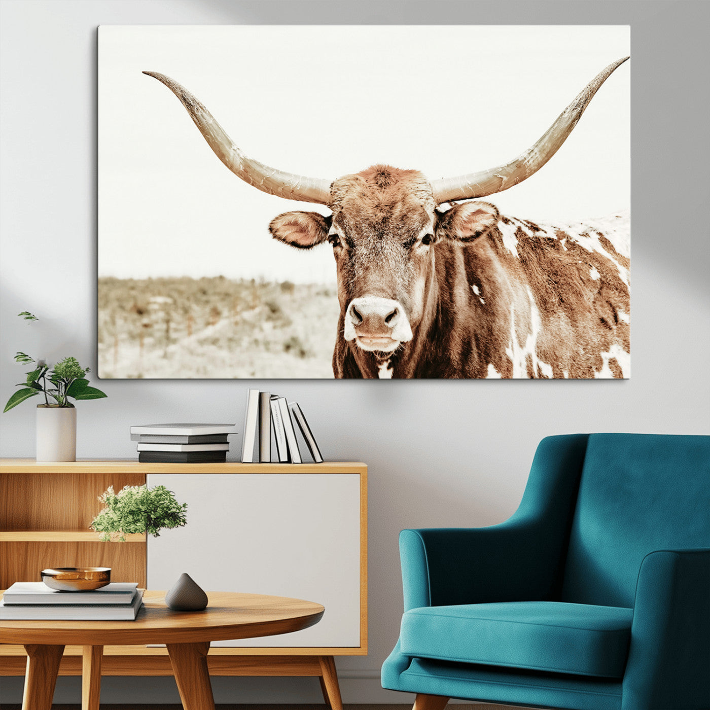 A Texas longhorn bull with wide horns, standing in a dry field under soft light, ideal for rustic farmhouse or western-themed interiors.