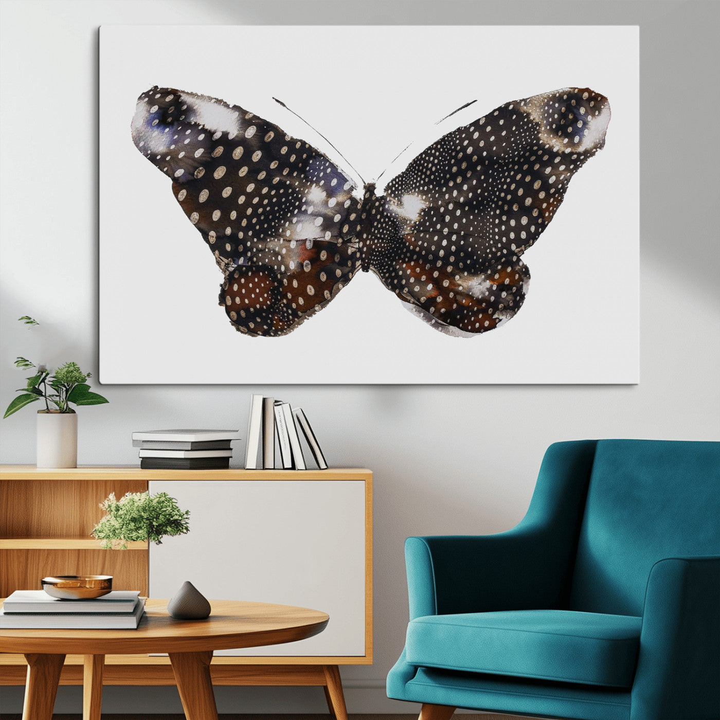 MGV-CV-36X24 - Spotted Butterfly Wall Art Canvas Print, Framed Neutral Insect Theme Art Picture Print, Earthy Wing Pattern Perfect Modern Rustic Decor Artwork