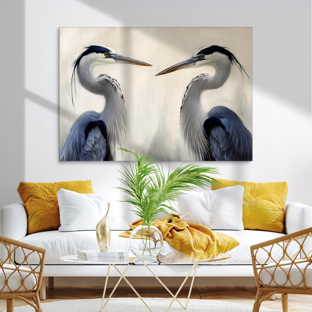 Blue Heron Pair Art Canvas Print, Coastal Bird Theme Print, Framed Tranquil Wildlife Scene Art Print, Large Nature Inspired Decor