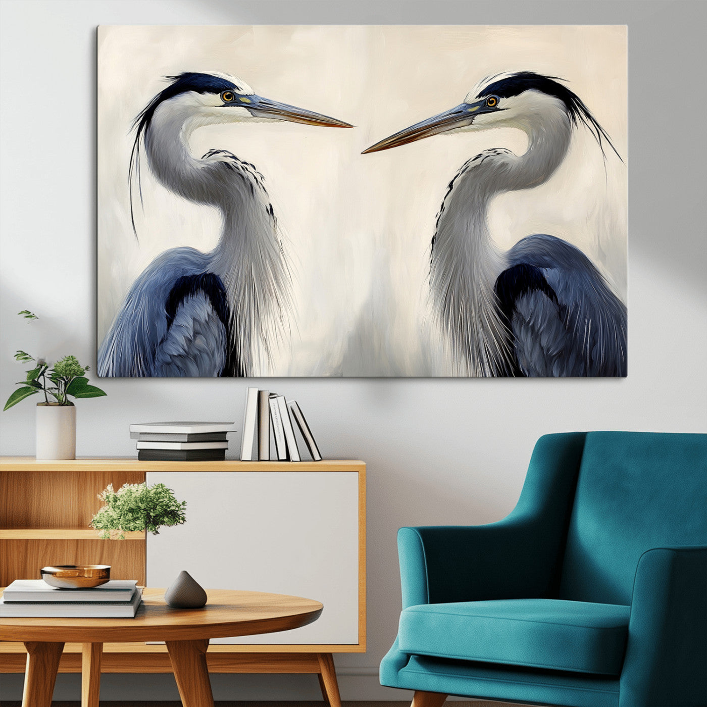 Two blue herons facing each other on a soft neutral background, ideal for coastal, tranquil, or nature-inspired minimalist interiors.