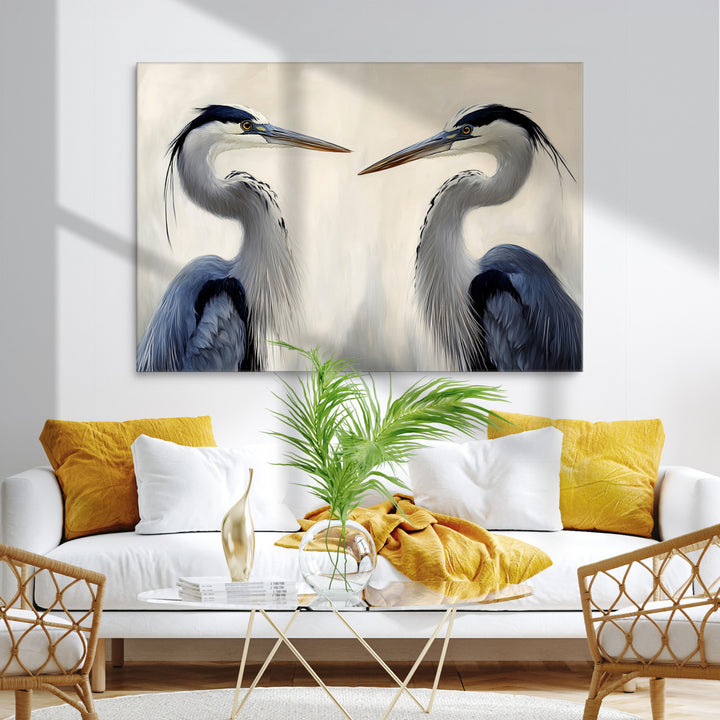 Blue Heron Pair Art Canvas Print, Coastal Bird Theme Print, Framed Tranquil Wildlife Scene Art Print, Large Nature Inspired Decor