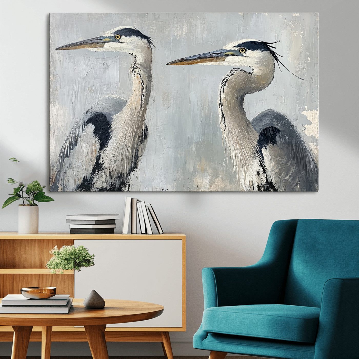 Two elegant herons in profile with soft brush strokes and blue-grey tones, ideal for serene, coastal, or minimalist interior decor.