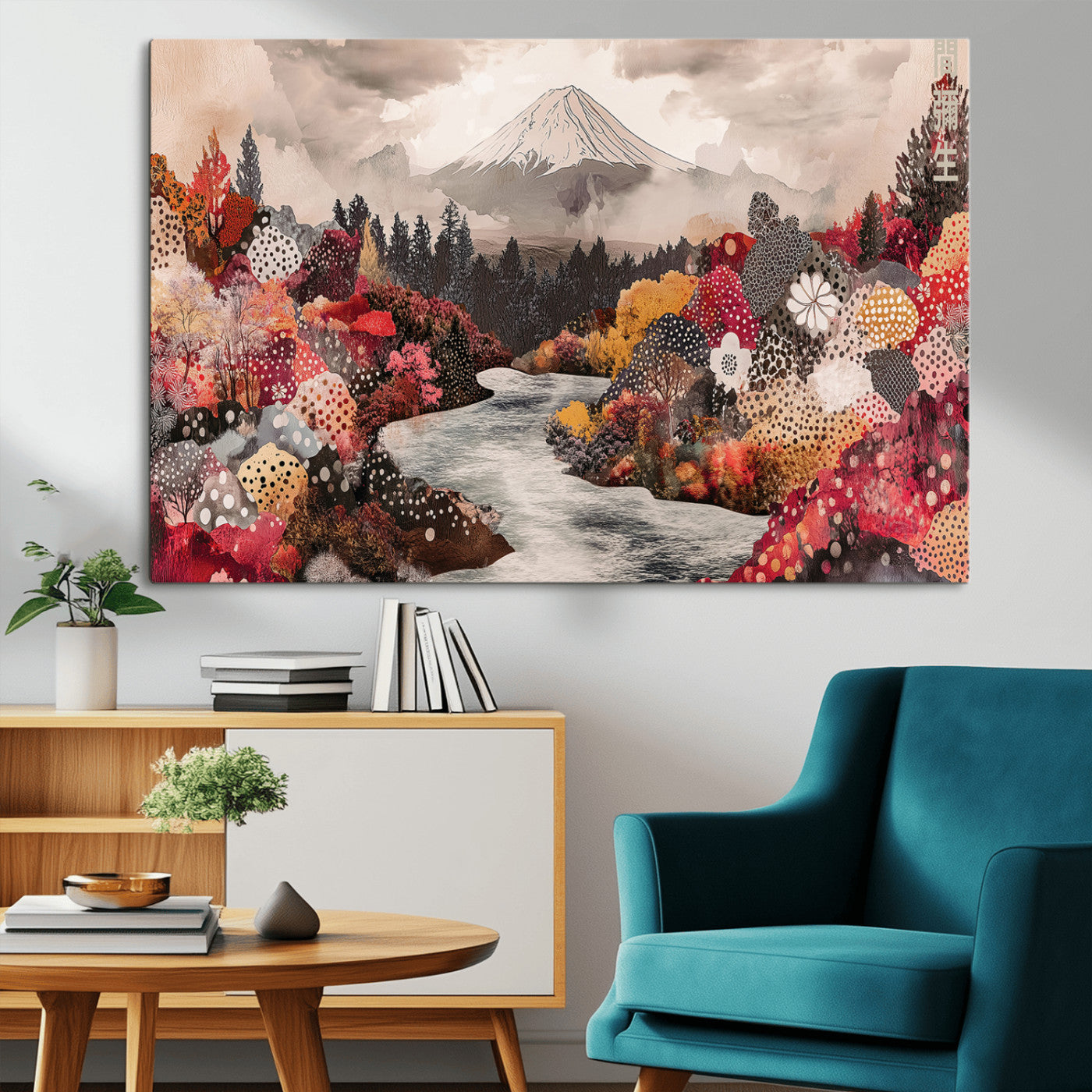A whimsical mountain landscape with floral autumn trees, river, and misty peak, ideal for cozy, cottagecore, and nature-inspired wall decor.