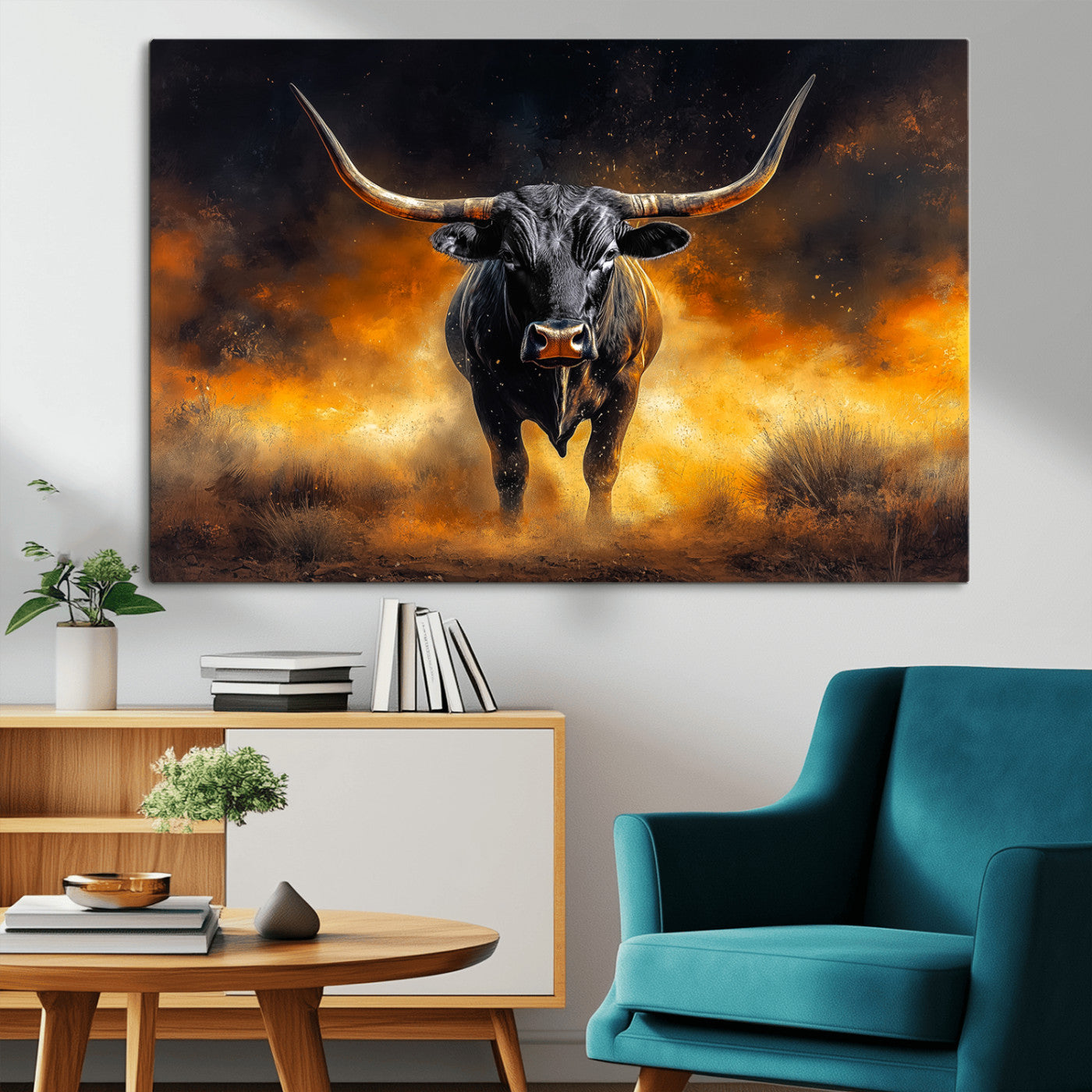 MGV-CV-36X24 - Longhorn Canvas Wall Art Canvas Print, Framed Bold Bull Wall Art Art Picture Print, Western Animal Decor Perfect Western Dramatic Decor Artwork