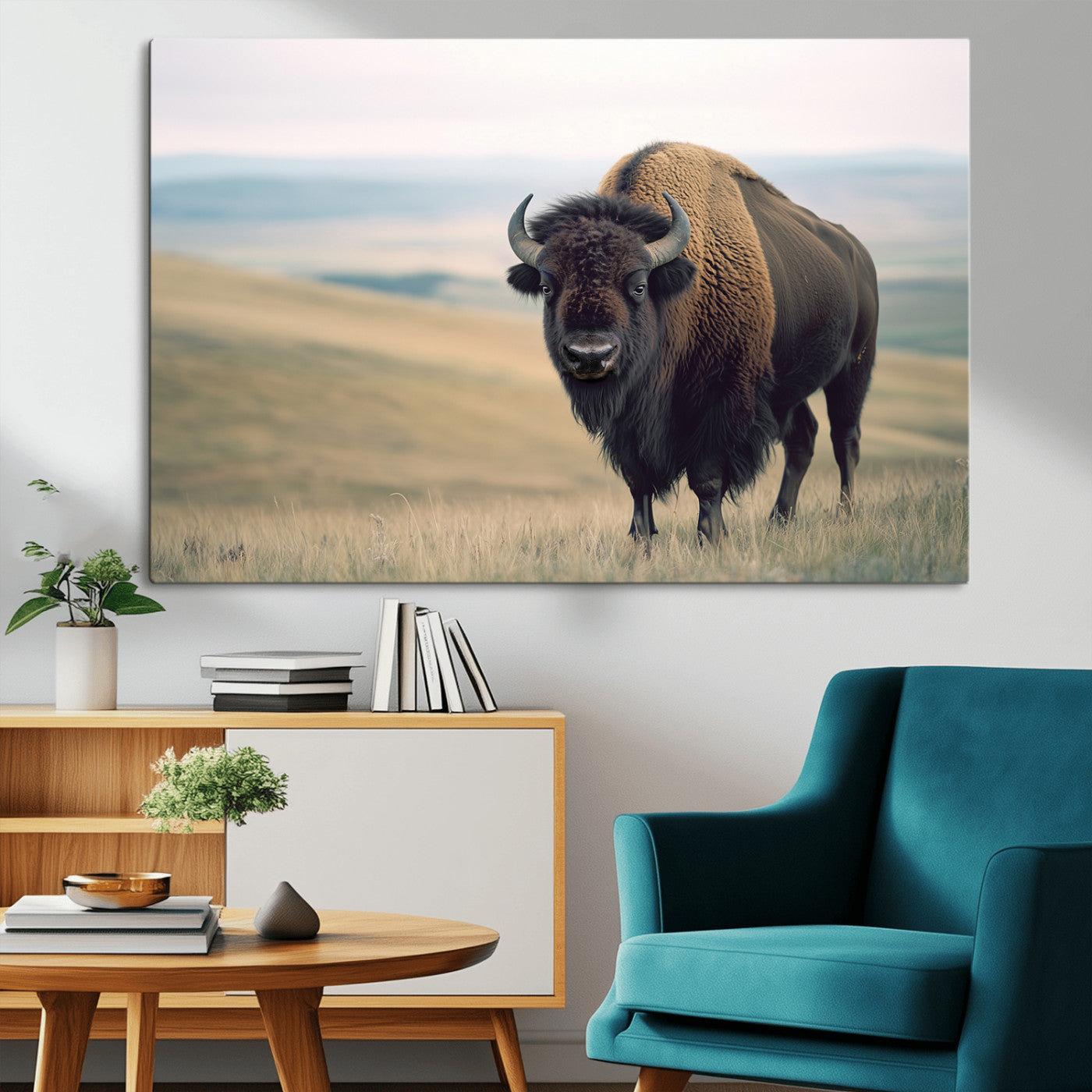 A bison standing strong on a grassy prairie with rolling hills in the background, perfect for rustic and Western-inspired wall decor.