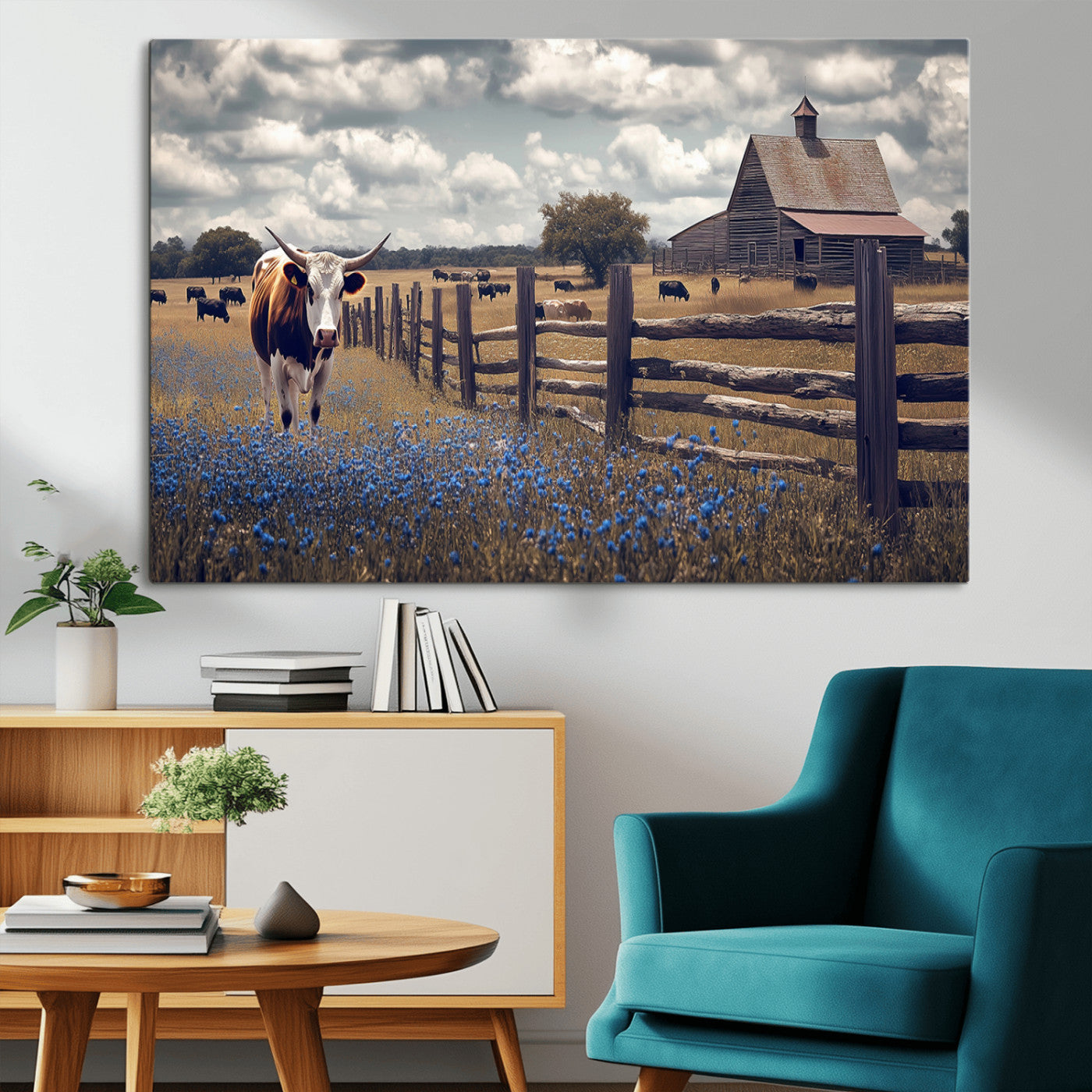 Framed canvas print of a Texas Longhorn near a rustic barn and fence, ideal for farmhouse or western-style home wall decor.
