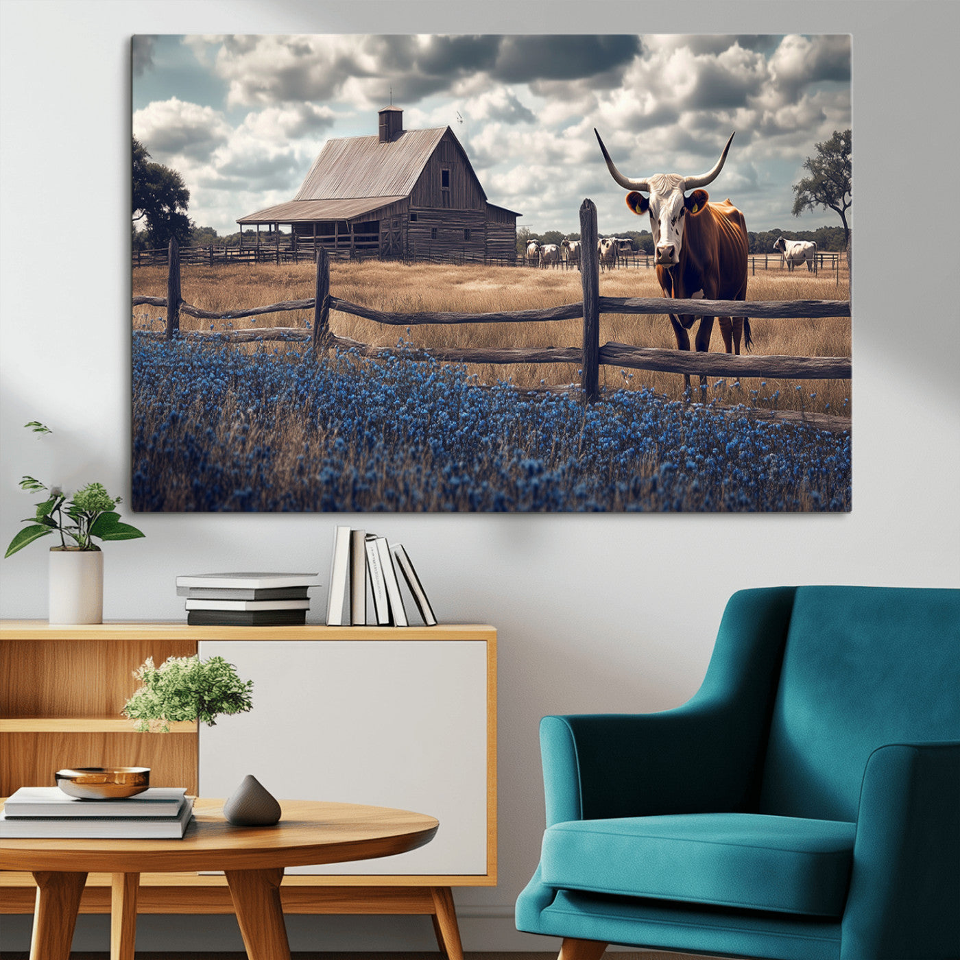 Framed canvas art of a Texas Longhorn cow near a rustic barn and bluebonnet field, ideal for country-style or farmhouse wall decor.
