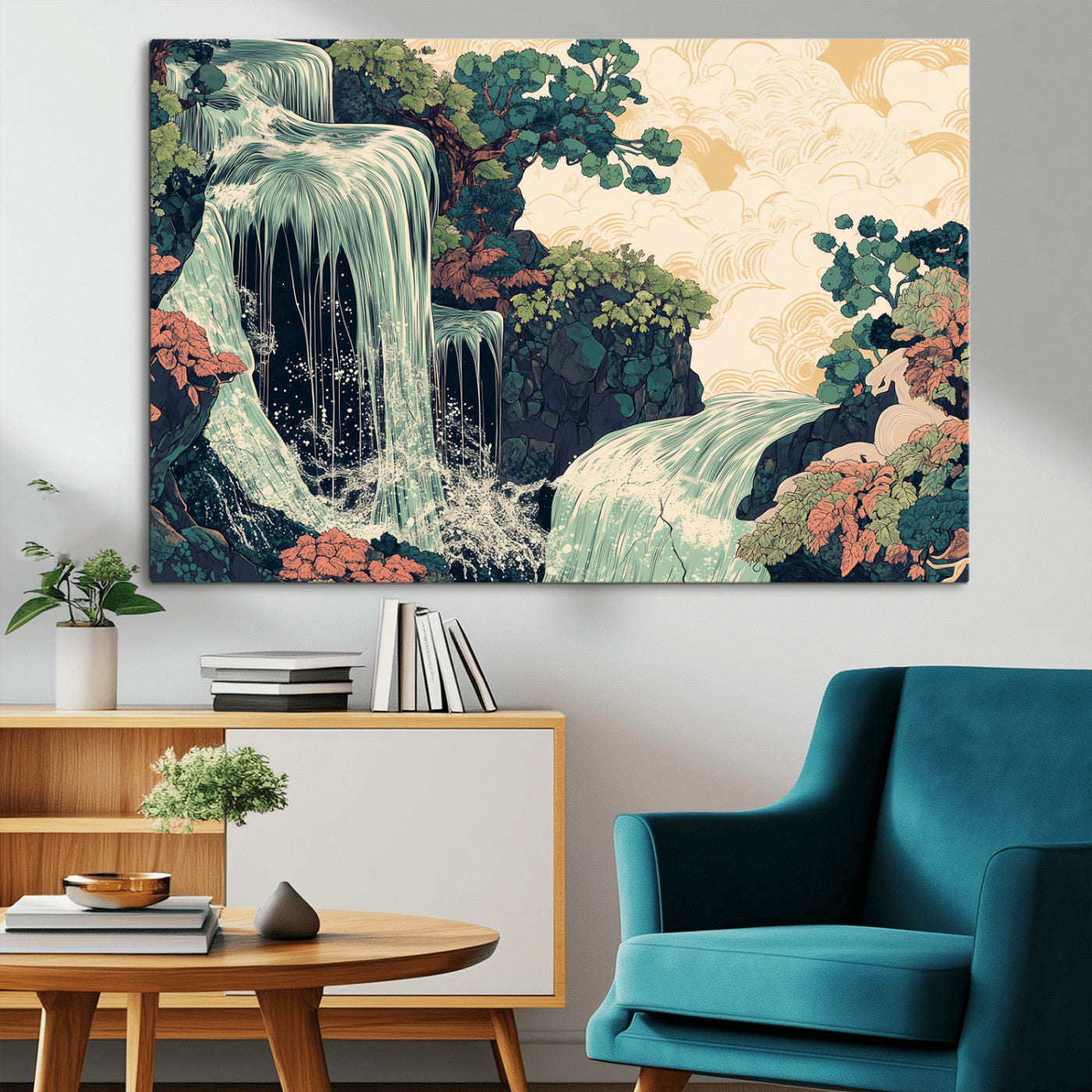Stylized waterfall flowing through rocky terrain and lush foliage in an oriental art style, ideal for peaceful and nature-themed interiors.