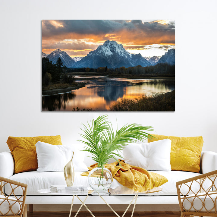 Mountain Sunset Wall Art Canvas Print, Framed Alpine Wilderness Art Picture Print, Golden Hour Perfect Wilderness Decor Artwork
