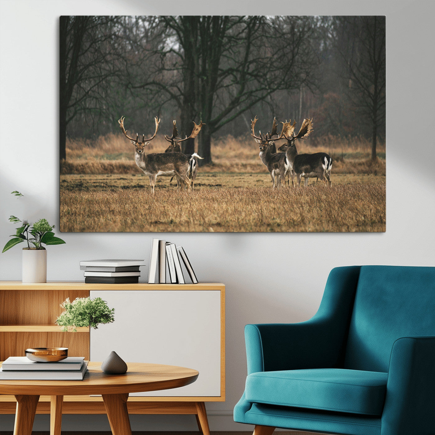 A group of majestic deer standing in a golden field with bare trees in the background, creating a peaceful woodland scene.