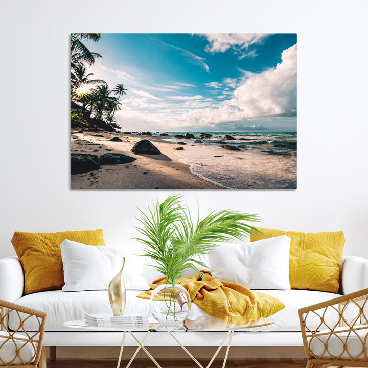 Tropical Beach Wall Art Canvas Print, Framed Ocean Waves Art Picture Print, Relaxing Seascape Perfect Tropical Coastal Decor Artwork