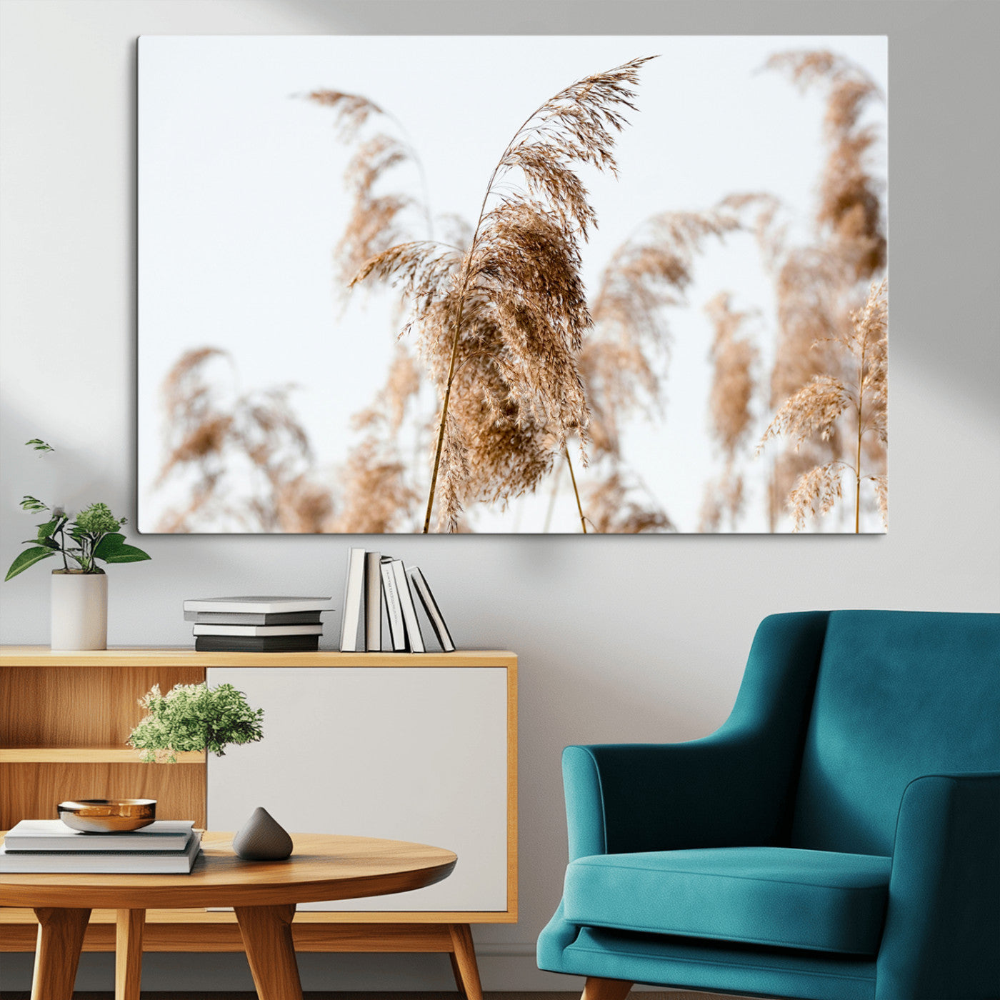 Close-up of pampas grass swaying in the wind against a soft white sky, creating a neutral and minimalist botanical aesthetic.