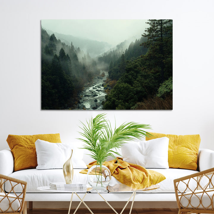 Misty Forest Wall Art Canvas Print, Framed Foggy River Art Picture Print, Moody Landscape Perfect Wilderness Decor Artwork