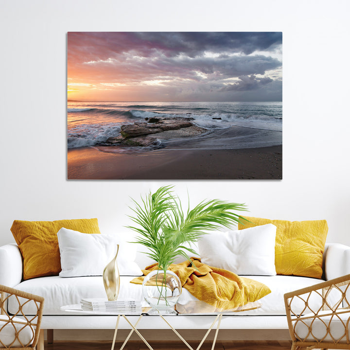Golden Hour Wall Art Canvas Print, Framed Tranquil Waves Art Picture Print, Beach Perfect Coastal Serenity Decor Artwork