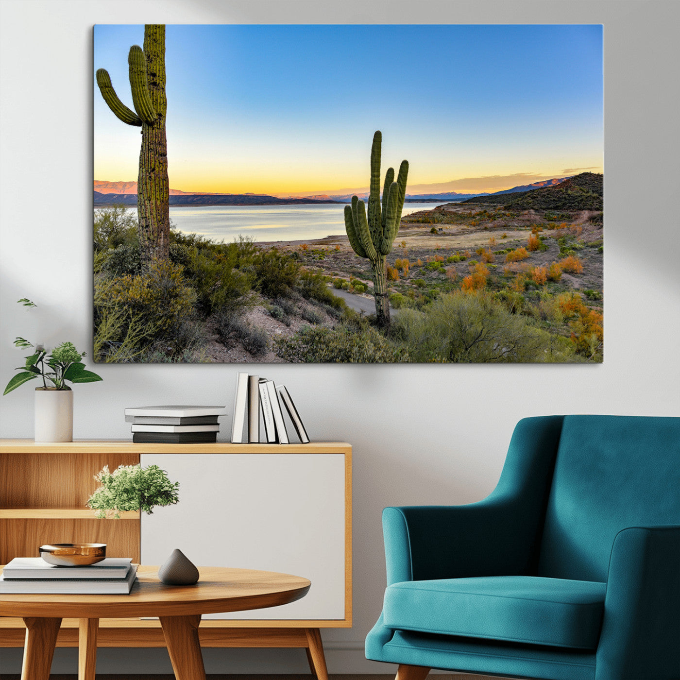 Desert landscape with saguaro cacti and lake at sunset, featuring vibrant sky and hills, ideal for Southwestern or rustic wall decor.