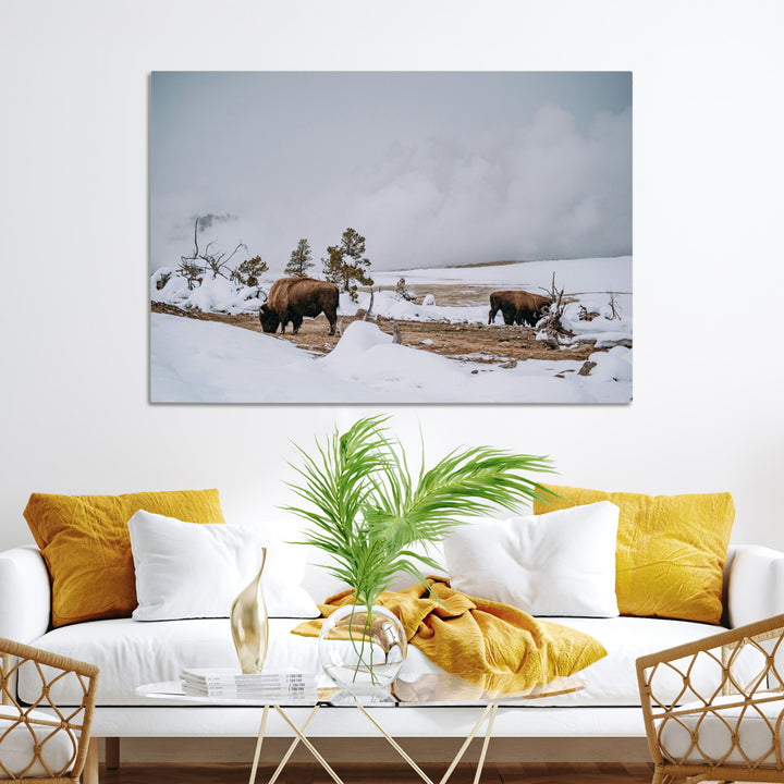 Bison Wildlife Wall Art Canvas Print, Framed Snowy Prairie Art Picture Print, Western Perfect Rustic Decor Artwork
