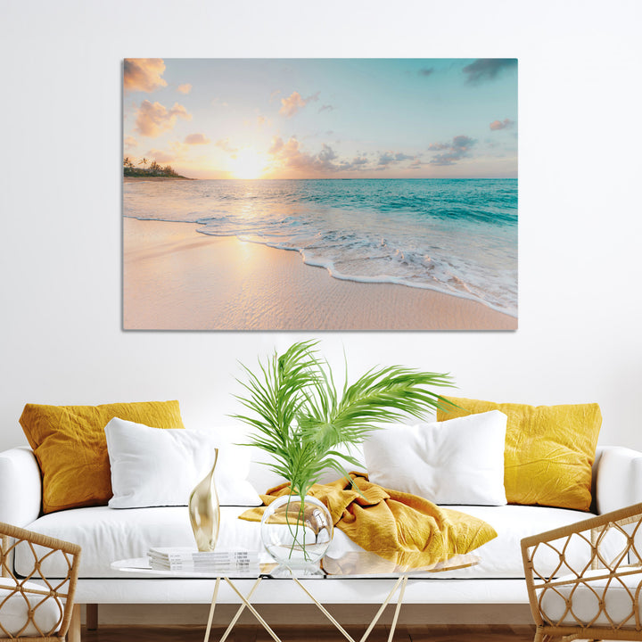 Beach Sunset Wall Art Canvas Print, Framed Ocean Waves Art Picture Print, Summer Escape Perfect Coastal Decor Artwork