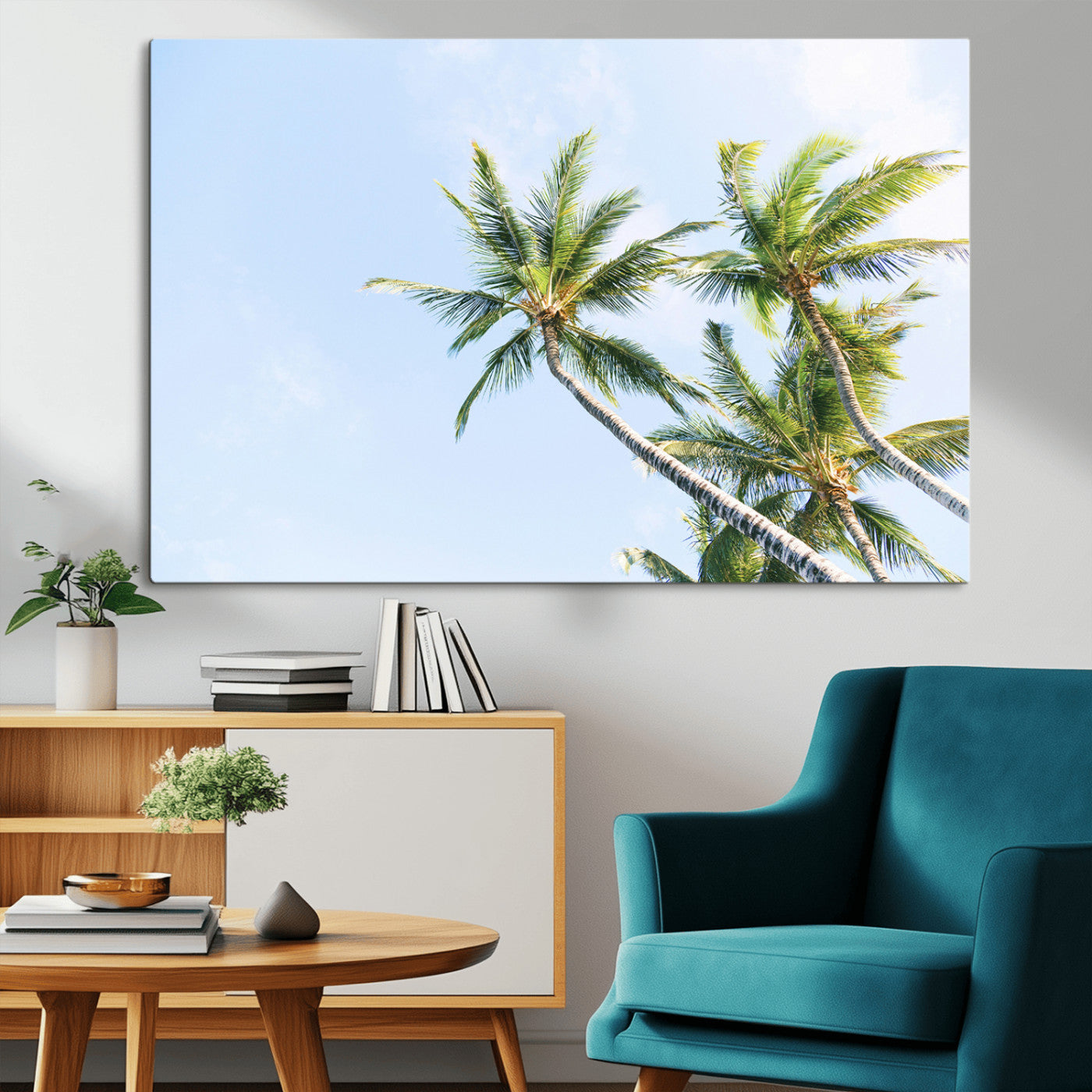 Tall palm trees swaying under a bright blue sky, capturing a tropical and minimalist beach vibe, perfect for coastal-inspired wall art.