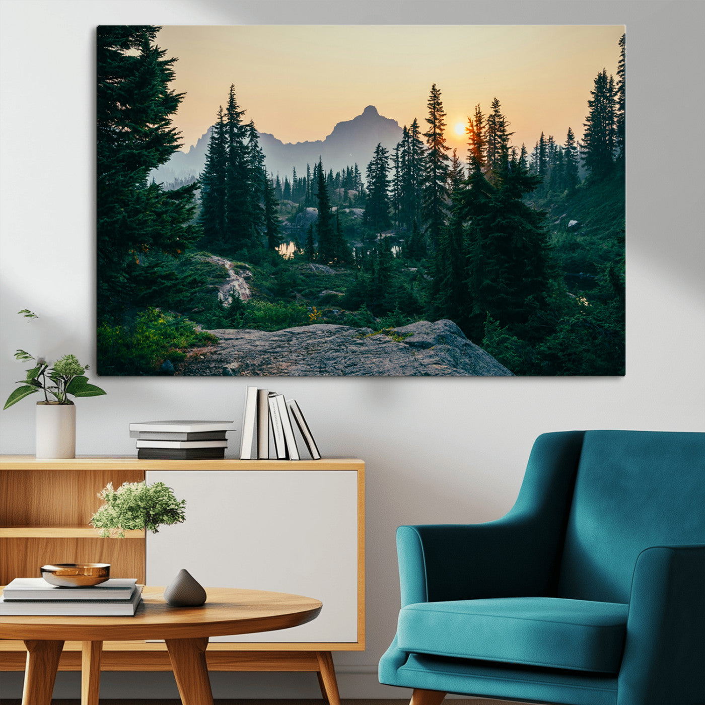 Mountain landscape with evergreen trees at sunset, casting a golden glow over the wilderness, creating a peaceful and rustic nature scene.
