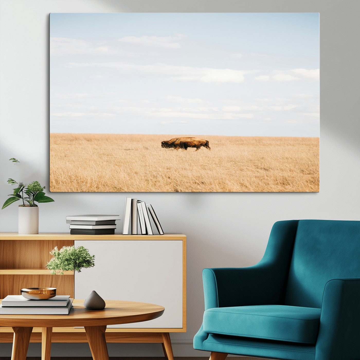 MGV-CV-36X24 - Minimalist Nature Wall Art Canvas Print, Framed Bison In Grassland Art Picture Print, Open Field Perfect Modern Ranch Decor Decor Artwork