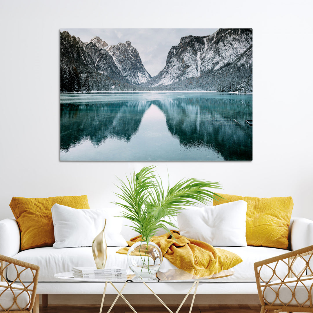 Mountain Lake Wall Art Canvas Print, Framed Winter Wonderland Art Picture Print, Snowy Peaks Perfect Modern Nature Decor Artwork