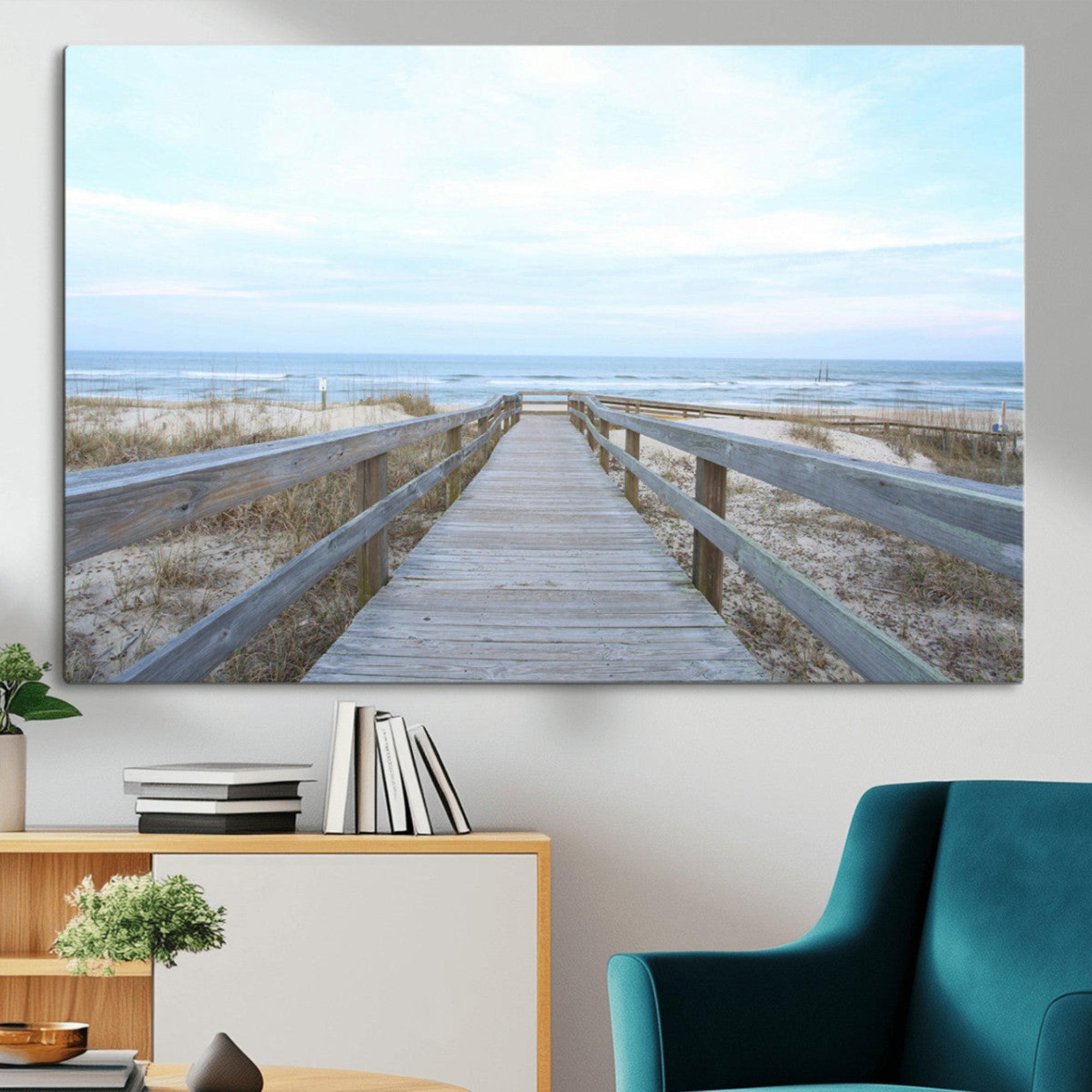 31602988-MGV-CV-36X24-Beach Boardwalk Wall Art Canvas Print – Framed Coastal Serenity Ocean View Nature Scene Artwork for Home Office