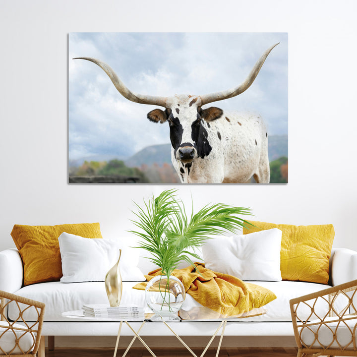 Texas Longhorn Wall Art Canvas Print, Framed Western Rustic Art Picture Print, Farmhouse Decor Perfect Farmhouse Decor Artwork