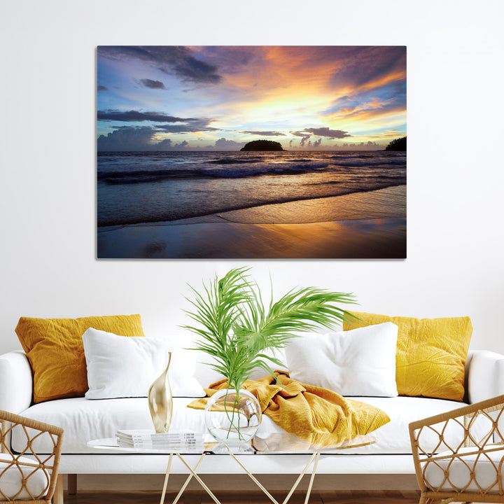 Beach Sunset Wall Art Canvas Print, Framed Ocean Waves Art Picture Print, Tropical Seascape Perfect Coastal Serenity Decor Artwork