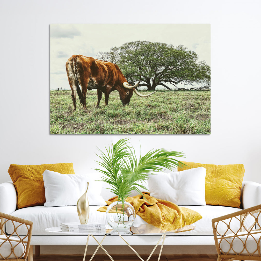 Texas Longhorn Wall Art Canvas Print, Framed Rustic Ranch Art Picture Print, Western Cattle Perfect Rustic Farmhouse Decor Artwork