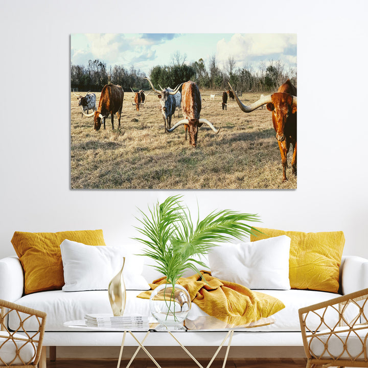 Texas Longhorns Wall Art Canvas Print, Framed Rustic Farm Scene Art Picture Print, Western Cattle Print Canvas Perfect Rustic Farmhouse