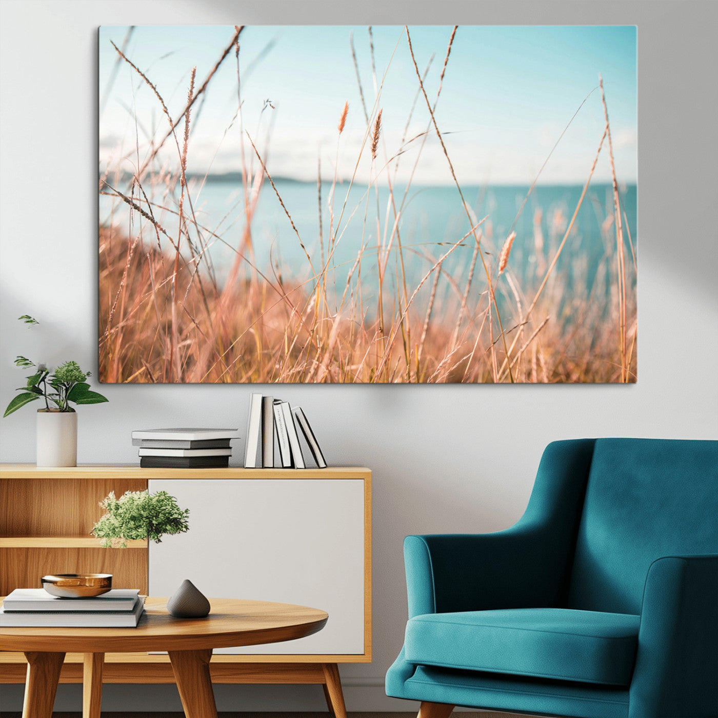 36108696-MGV-CV-36X24-Golden Beach Grass Ocean Breeze Soft Focus Tranquil Coastal Calm Blue Sky Seascape Nature Wall Art Canvas Print