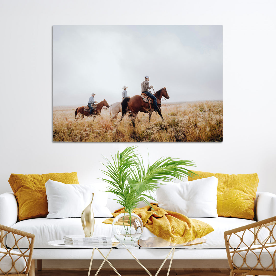 Western Cowboys Wall Art Canvas Print, Framed Rustic Prairie Art Picture Print, Horseback Riding Print Canvas, Perfect Rustic Western Decor
