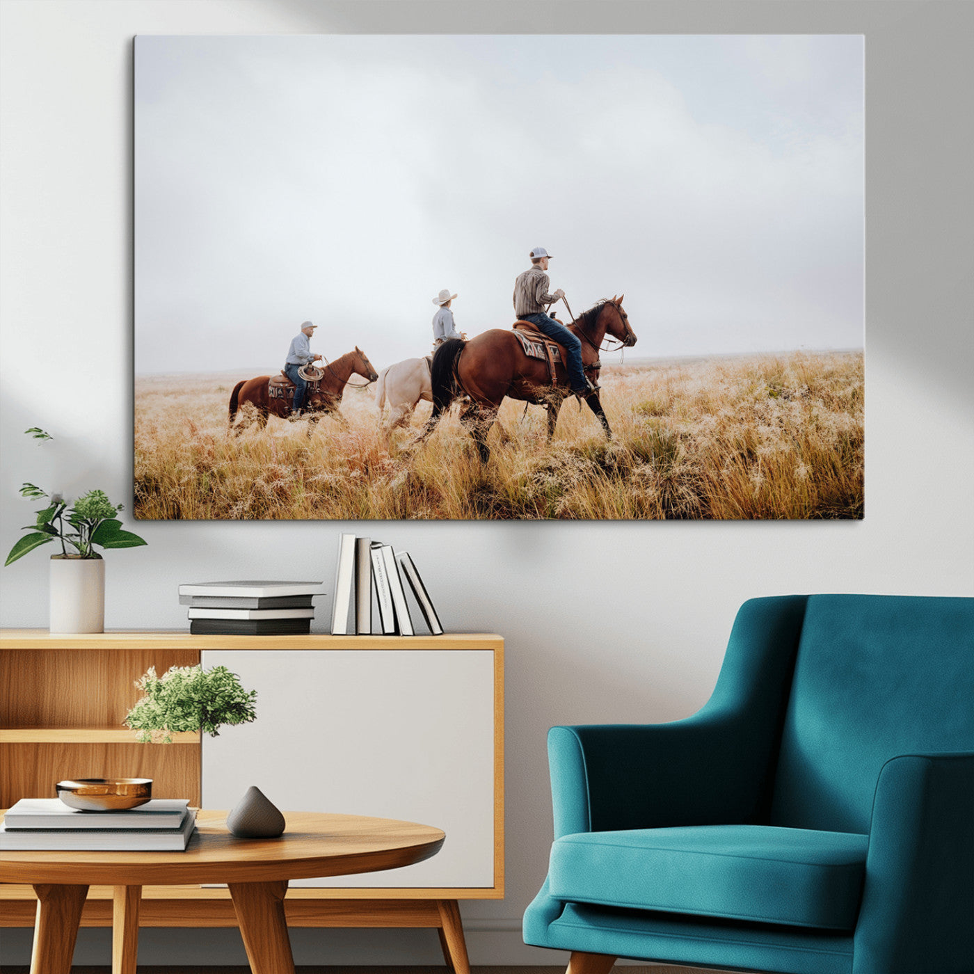 Three cowboys riding horses through a foggy prairie landscape, dressed in Western attire, evoking a rustic and adventurous Wild West aesthetic.