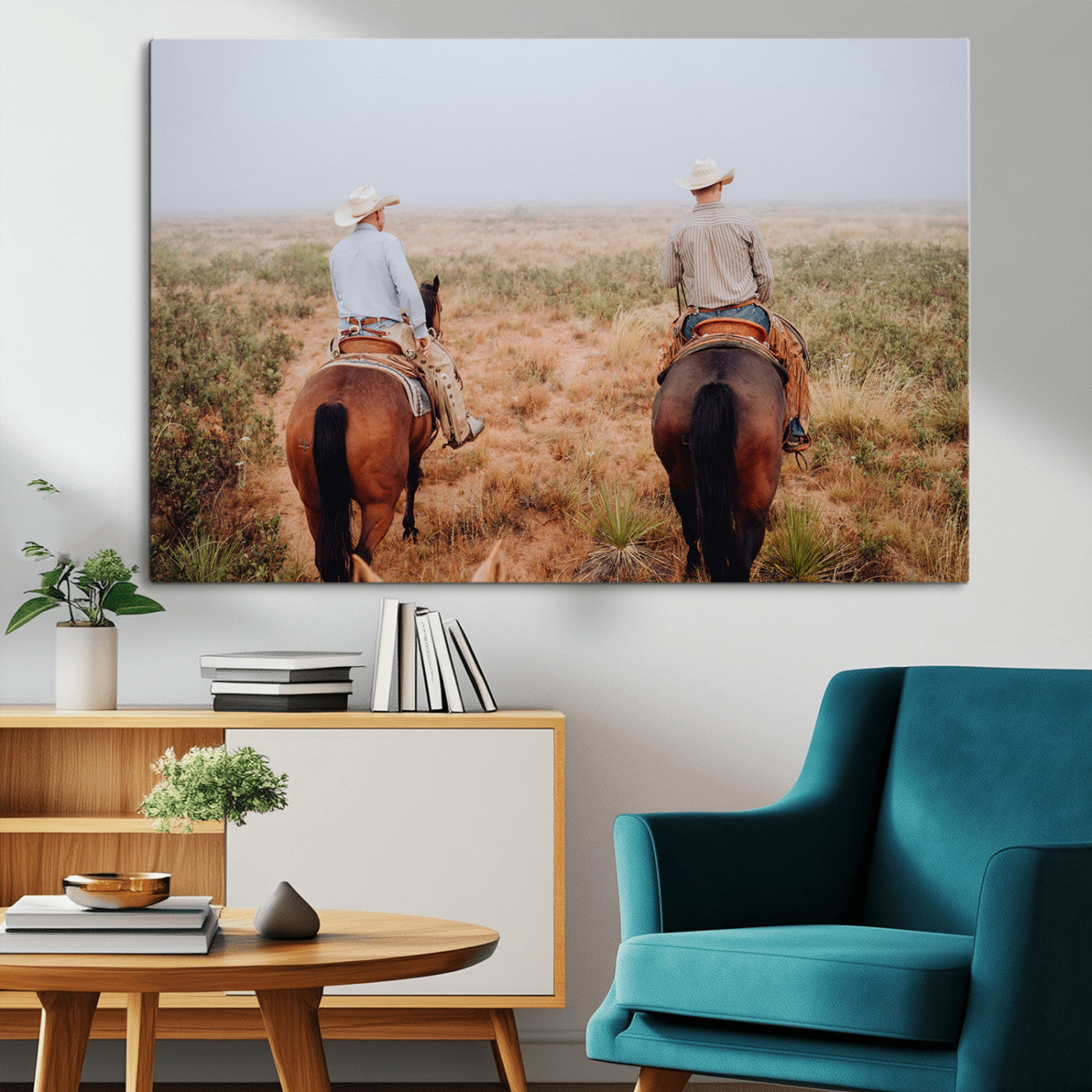 Two cowboys riding horseback through a misty prairie, capturing the rustic and adventurous spirit of the Western frontier.