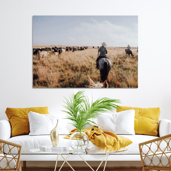Western Wall Art Wall Art Canvas Print, Framed Cowboy Canvas Art Picture Print, Cattle Drive Scene Perfect Rustic Western Decor Artwork