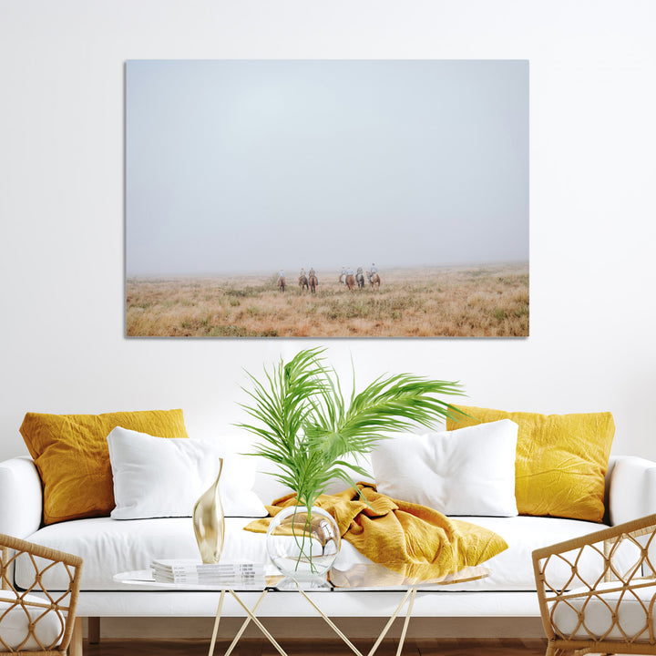 Foggy Plains Wall Art Canvas Print, Framed Horseback Riders Art Picture Print, Rustic Western Perfect Rustic Western Decor Artwork