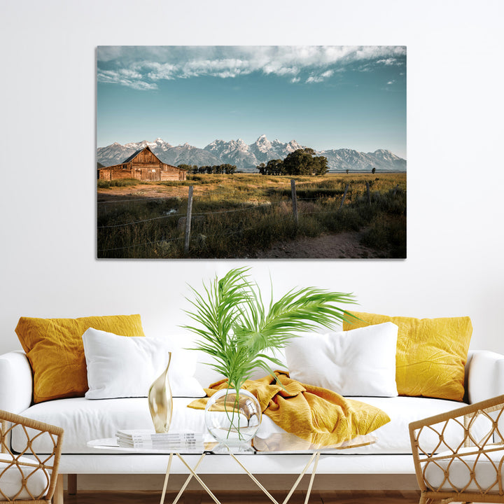 Rustic Farmhouse Wall Art Canvas Print, Framed Mountain Cabin Art Picture Print, Western Landscape Perfect Rustic Farmhouse Decor Artwork