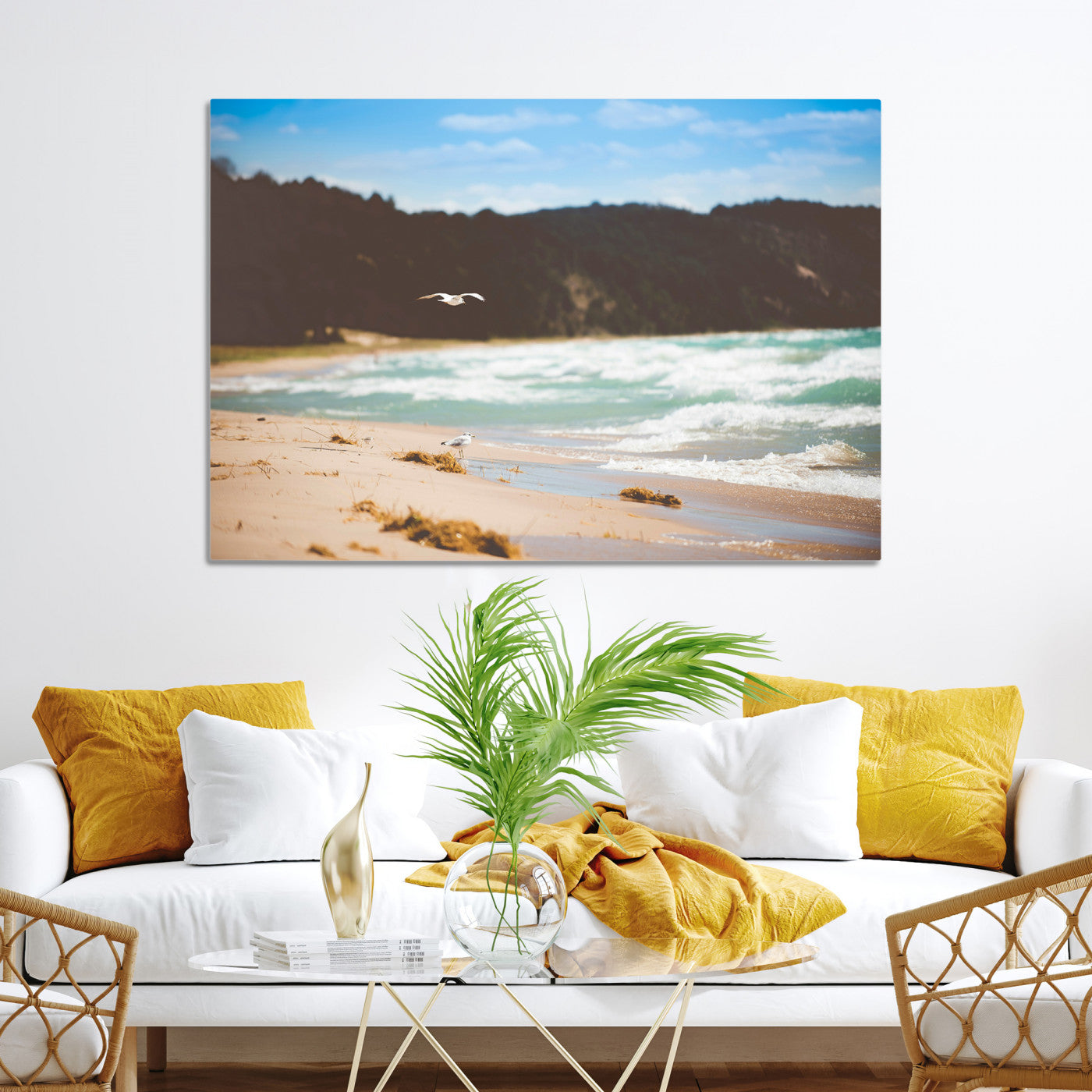Tranquil Beach Scene Wall Art Canvas Print, Framed Blue Ocean Waves Art Picture Print, Sandy Coastline Perfect Coastal Cottage Decor Artwork