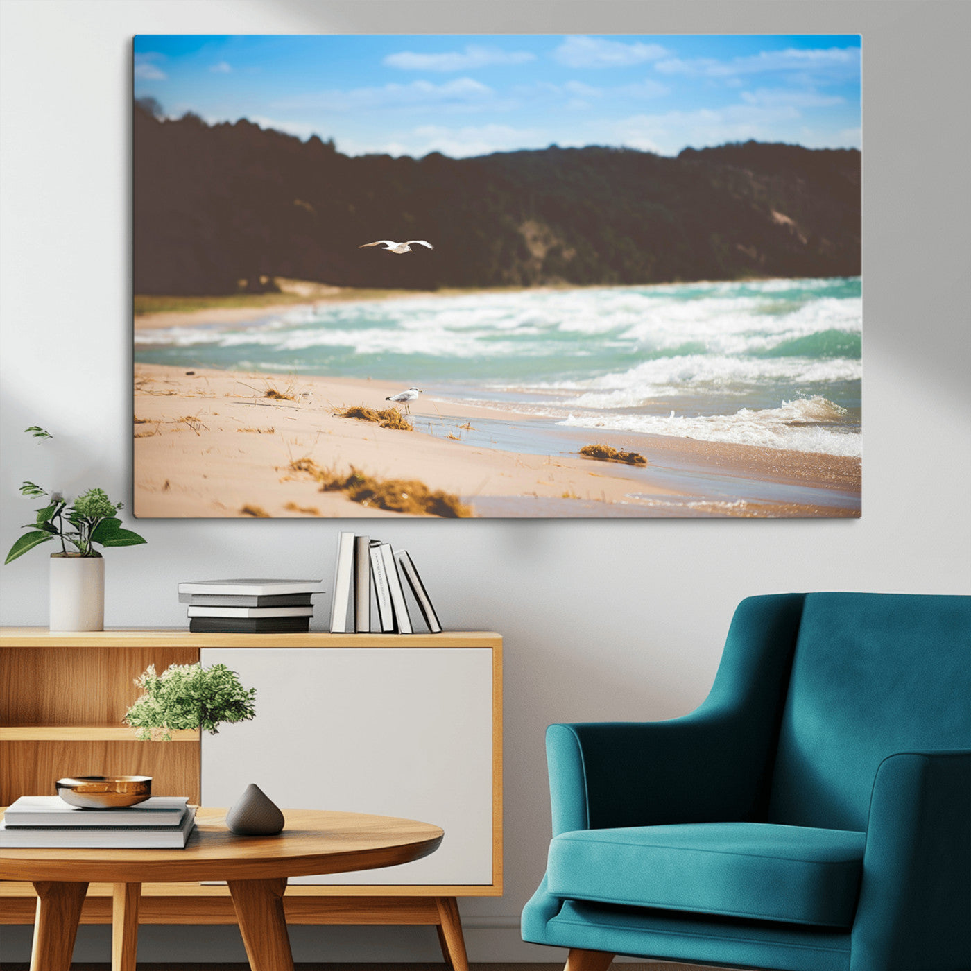Serene beach scene with gentle ocean waves, sandy shore, and a seagull flying under a blue sky, perfect for coastal and nature-inspired decor.