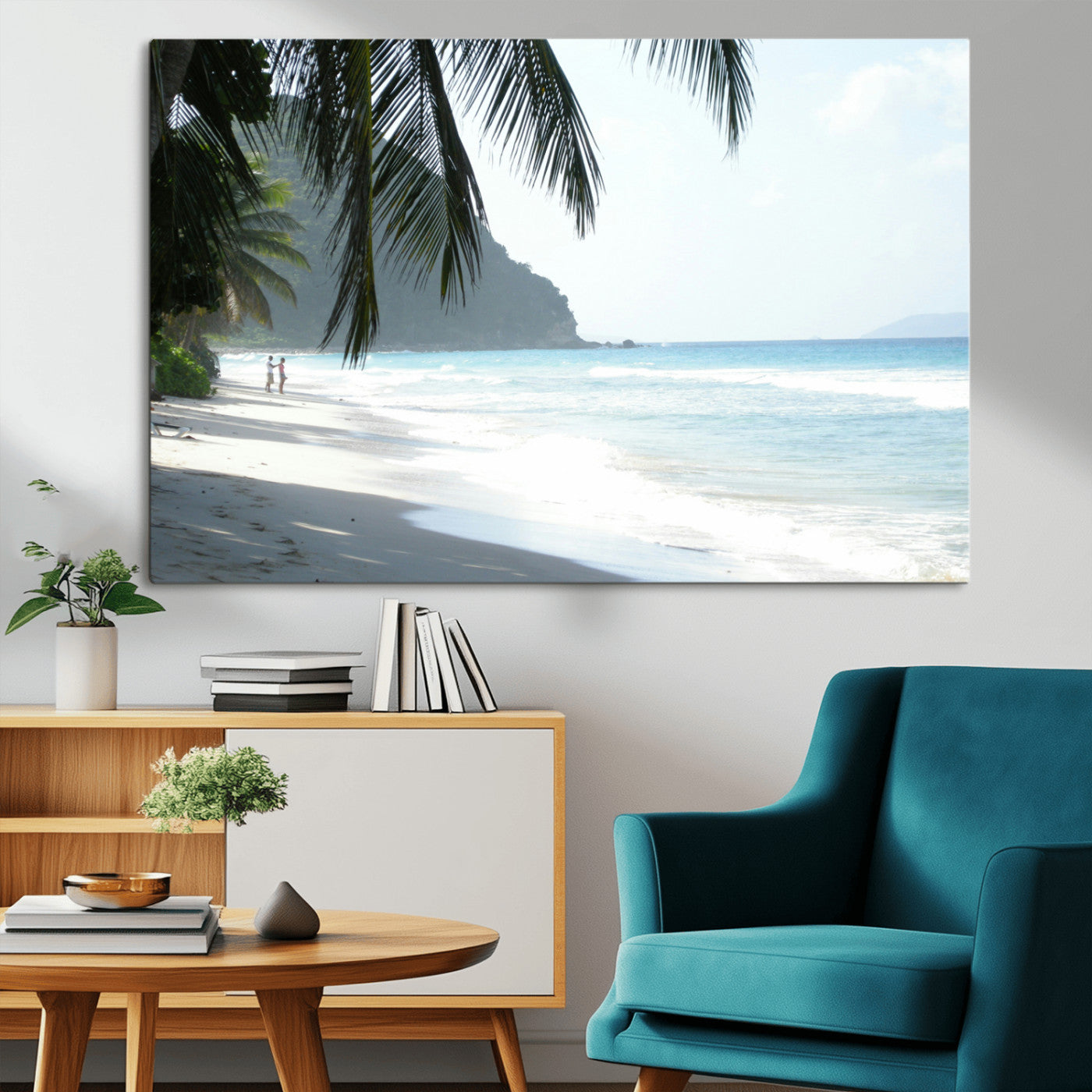 Tropical beach with palm tree shadows, white sand, and turquoise ocean waves, creating a serene and relaxing island escape atmosphere.