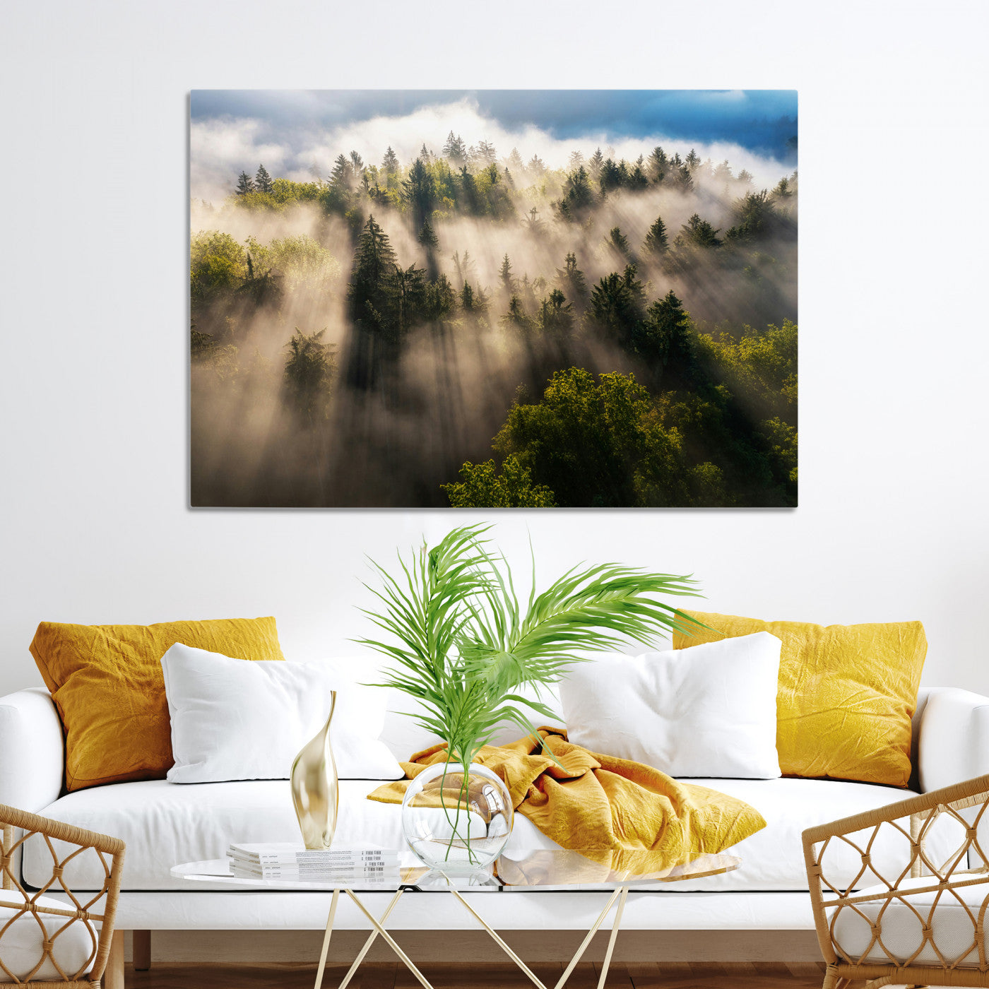 Tranquil Forest Scene Wall Art Canvas Print, Framed Sunbeam Through Trees Art Picture Print, Moody Green Wall Art Perfect Scandinavian