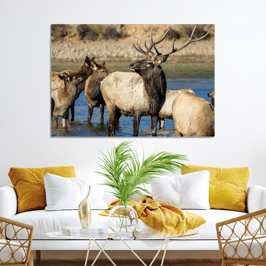 Wild Elk Wall Art Canvas Print, Framed Neutral Wildlife Rustic Forest Scene