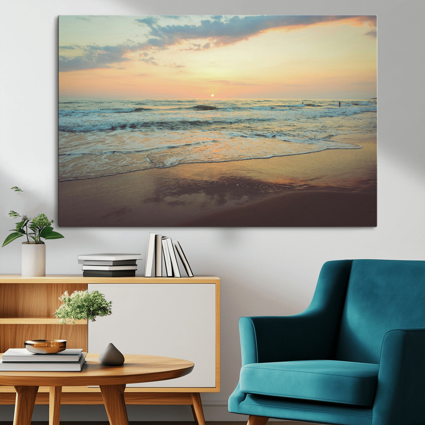 Warm sunset over gentle ocean waves with pastel sky and reflections on wet sand, creating a calm and soothing beach ambiance.